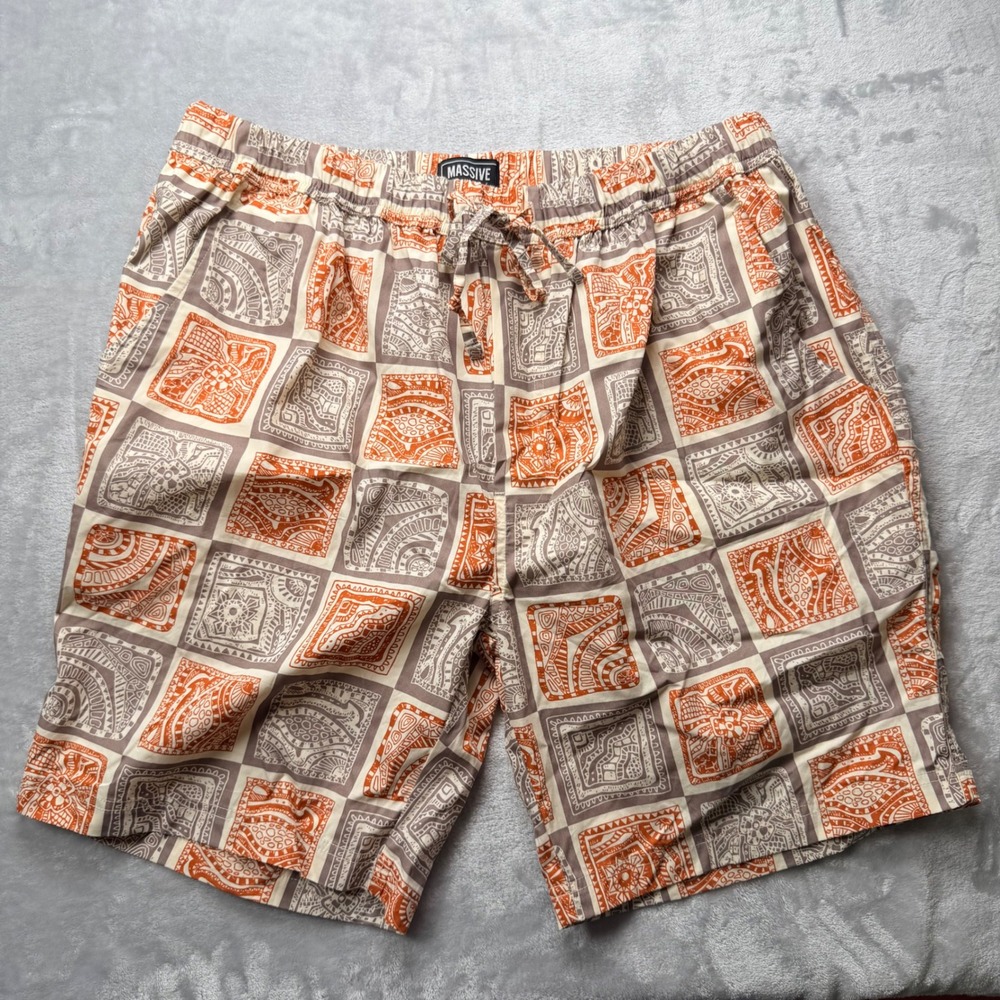 Massive Mens XL Cotton Shorts Geometric Tribal Block Print Orange Grey Casual